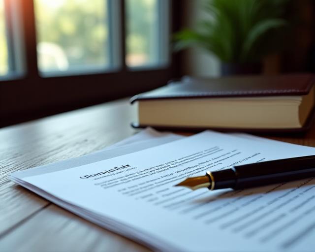 Close-up of a fountain pen and professional HR documents on a wooden desk
