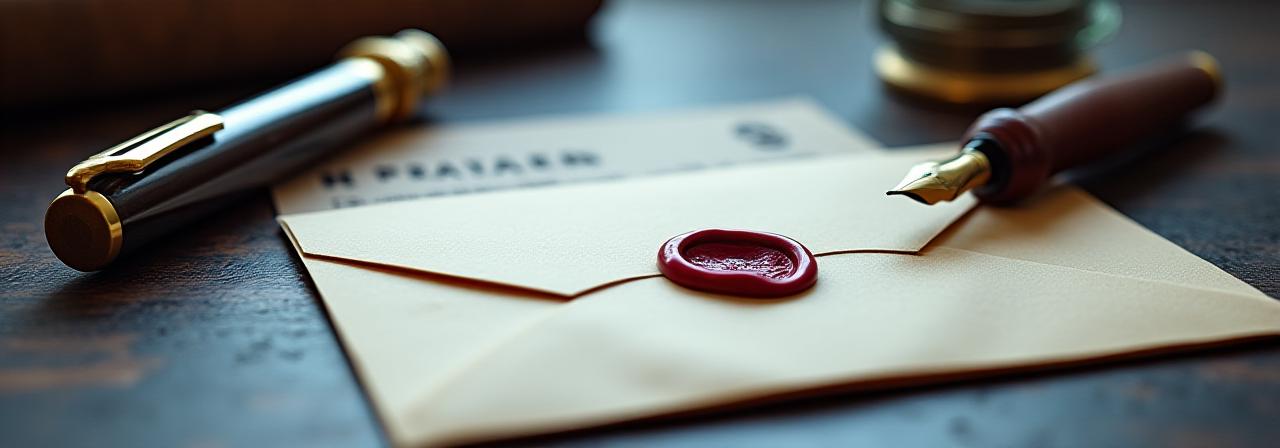 A desk with a fountain pen and a sealed envelope, representing confidentiality and trust.